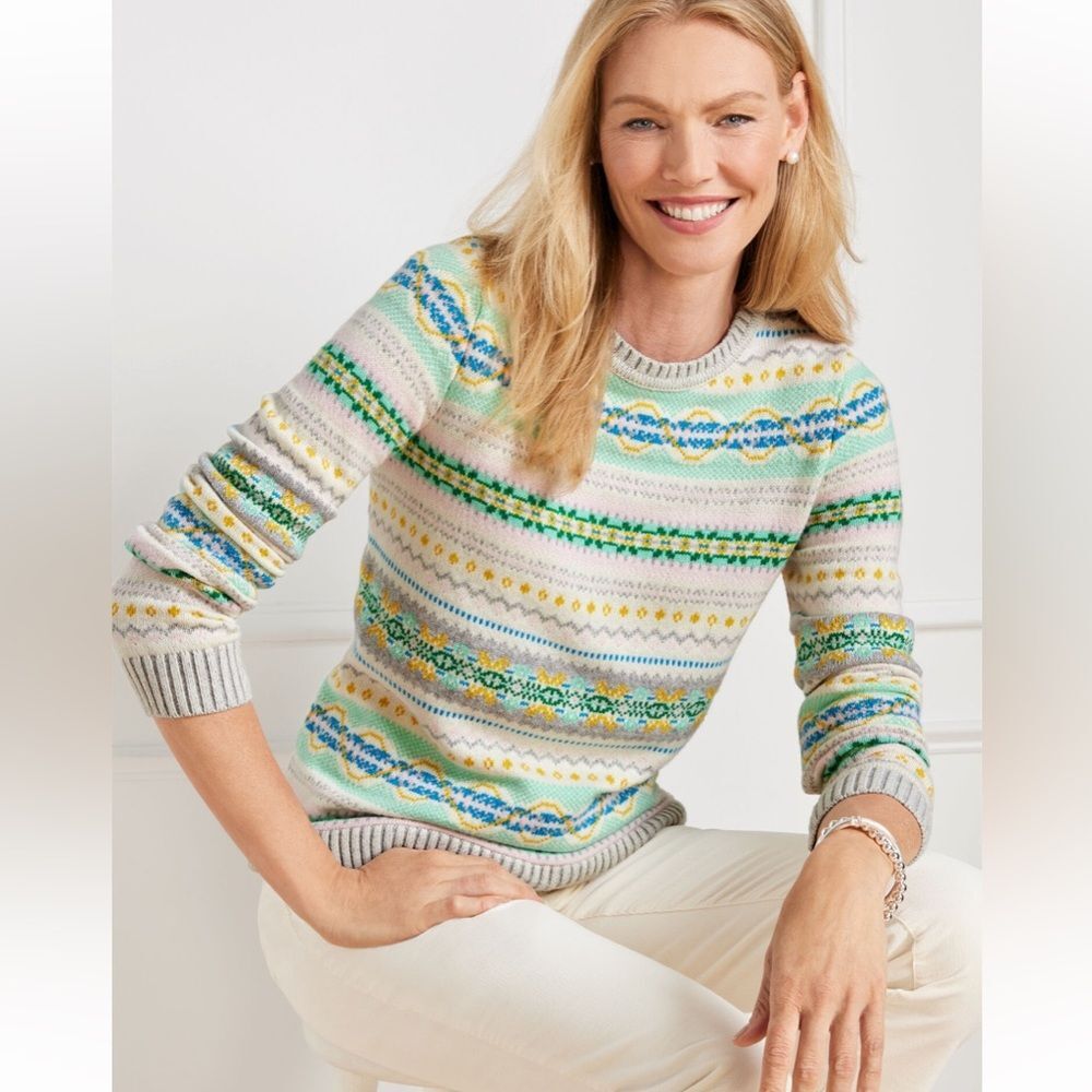 TALBOTS Winter Fair Isle Crewneck Sweater Size Small Pastel Nordic